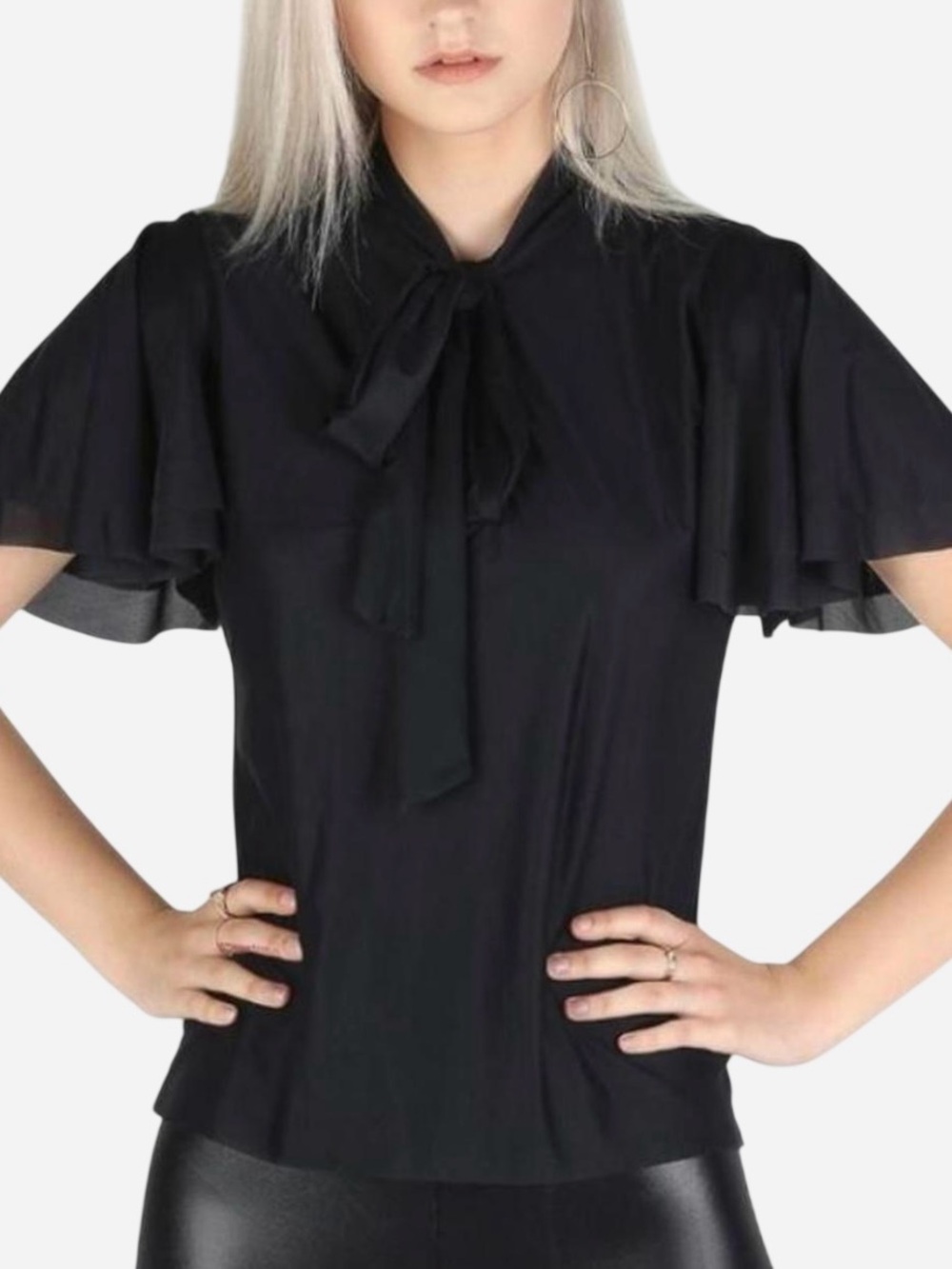 Black Tie-Neck Flutter Sleeve Top - Women's